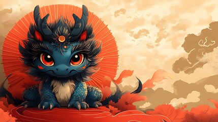 Poster - Adorable Blue Dragon with Red Umbrella and Autumnal Background.