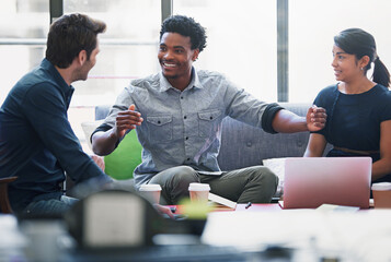 Fototapete - Business people, meeting and planning in workplace for collaboration, discussion or creative agency. Startup, brainstorming and partnership in workspace for teamwork, strategy or pitch with diversity
