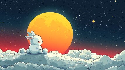 Wall Mural - Cute Bunny Sitting on a Cloud Under a Full Moon.