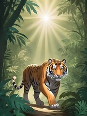 Wall Mural - Majestic tiger walking through dense jungle foliage with sun rays breaking through
