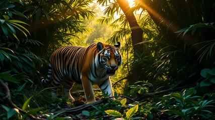 Wall Mural - Majestic tiger walking through dense jungle foliage with sun rays breaking through
