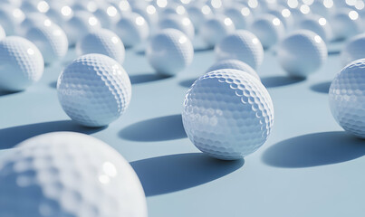 Close up of golf balls on a blue background.