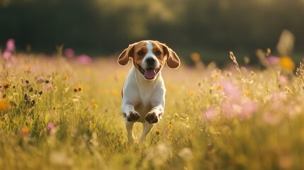 Sticker - A joyful dog running through a colorful flower field during a sunny day.