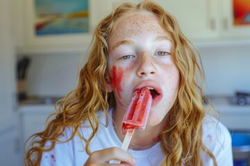 Denim-clad teen boy glowing golden hair looking cute and relaxed. Child giggles with every bite of ice cream.  Charming teenage energy reflects vibrance of life and casual