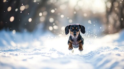 Wall Mural - A joyful dog running through the snow, capturing the essence of winter playfulness.