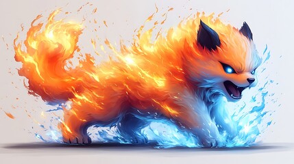 Wall Mural - Fiery Canine with Blazing Fur and Ice at its Feet.