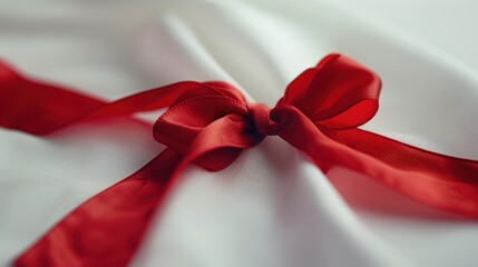 A close-up of a white fabric with a red ribbon tied in a bow, suggesting a gift or celebration.