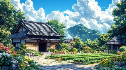 Wall Mural - Tranquil Japanese Garden with Traditional Houses and Lush Greenery.