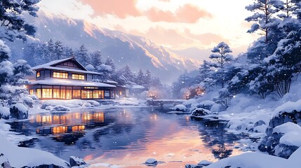 Canvas Print - Japanese House in a Winter Wonderland, Snowy Mountains and River.