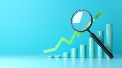 A magnifying glass over a rising graph symbolizing growth, analysis, and improvement in business metrics. Ideal for financial themes.