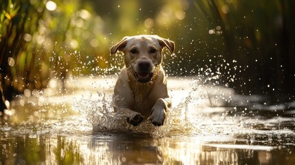 Wall Mural - A joyful dog splashes through water, capturing the essence of playfulness in nature.