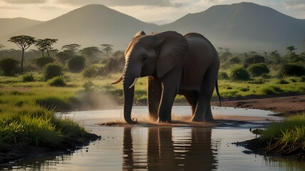 Wall Mural - Elephants in water, a beautiful natural landscape 