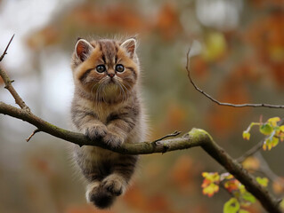 A kitten is sitting on a branch of a tree. The kitten is small and cute. The branch is thin and the leaves are brown