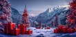 © SAIRA  BANO - Christmas night scene with many Christmas trees and gifts in the snow, against a background of mountains, beautiful lights, bright colors, very realistic, high detail,