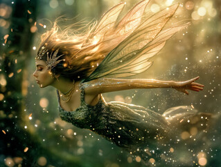 Canvas Print - A fairy with long blonde hair is flying through the air. The fairy is wearing a necklace and a crown