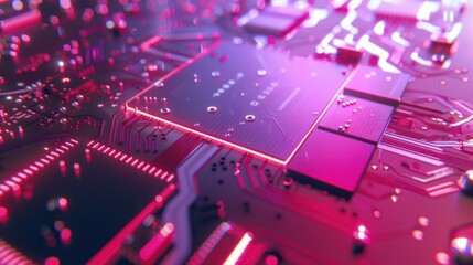 Abstract Closeup of a Motherboard with Pink Lighting