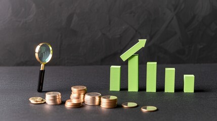 Wall Mural - A visual representation of financial growth, featuring coins and a magnifying glass with upward trending bars.