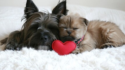 Two dogs snuggle together on white blanket with red heart