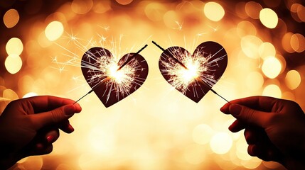 Two hands hold sparklers shaped like hearts against warm bokeh background