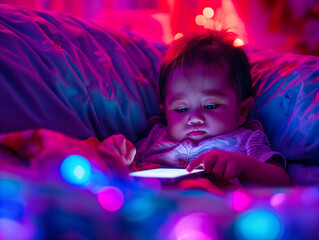 Sticker - A baby is laying on a bed with a tablet in front of him. The baby is looking at the screen with a curious expression. Concept of innocence and wonder as the baby explores the digital world