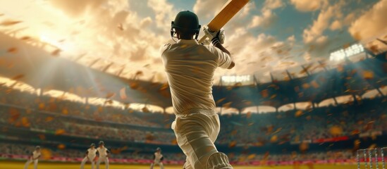 Wall Mural - Backlit Glory. Man, cricketer, backlit by the golden sun, launches the ball into the sky, playing at outdoor stadium under dramatic sunset sky.