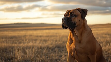 Canvas Print - A majestic dog sitting in a golden field during sunset, exuding calmness and strength.