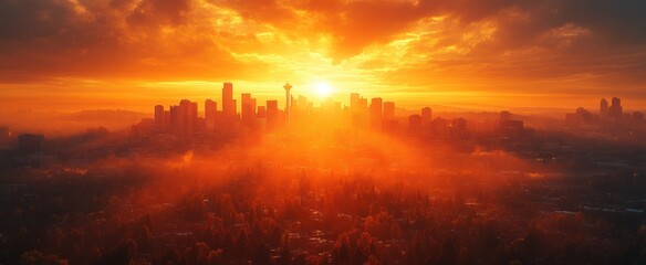 Poster - Cityscape Sunrise with Golden Rays