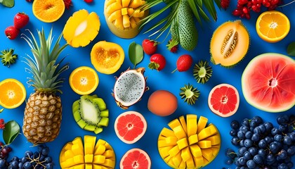 Vibrant display of tropical fruits set against a bright blue backdrop