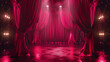 © Sawoon - Luxurious red stage curtains dramatic lighting elegant theater venue event wedding party drama concept backdrop banner background empty copy space large dancing hall old Hollywood retro vintage vibes