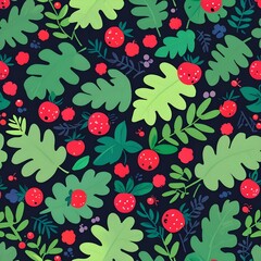 Sticker - Colorful Floral Pattern with Red Berries and Green Leaves