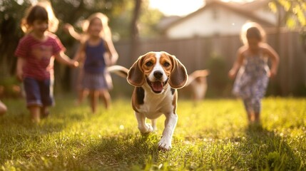 Canvas Print - A playful beagle runs joyfully as children play in a sunny backyard.