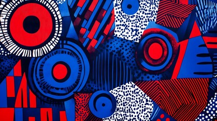 Colorful Ankara textile with large geometric shapes in blue and red, African heritage, dynamic, bright fabric, High quality, sharp images, graphic, illustration