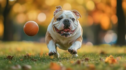 Wall Mural - A playful bulldog runs after a ball in a vibrant autumn setting.