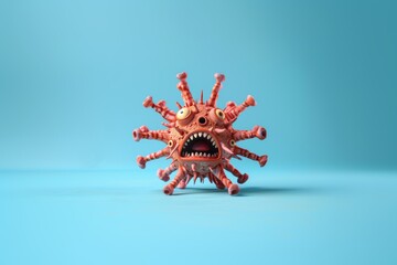 Scared virus reflects fear vulnerability blue background. Single virus character appears vulnerable and infection-prone. Represents public's anxiety health and safety measures.