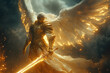 © Evhen Pylypchuk - Majestic angel with outstretched white wings and golden battle armor, wielding a fiery sword against a backdrop of dark storm clouds.