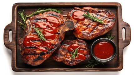 Top view of fresh herb grilled pork chop on the grill being grilled delicious freshly made food.