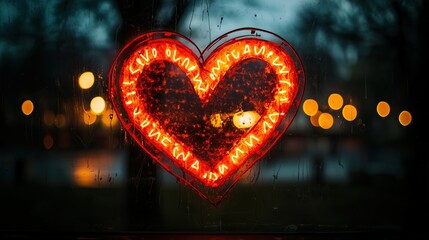 glowing red heart on rainy night bokeh ligths romance background