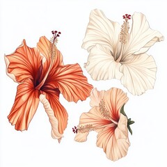 Sticker - Isolated red hibiscus flower on white background. Watercolor tropical flower realistic colorful hibiscus with leaves. Flowery Hawaiian composition. Exotic tropic floral object for your poster design.