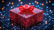 © WettE - A festive Christmas gift box with a red bow, surrounded by other wrapped gifts, with sparkling digital links of Christmas lights in the background