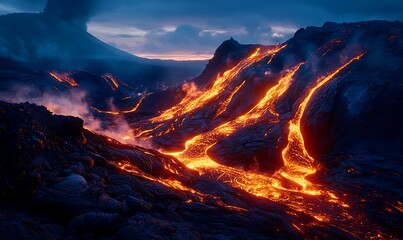 Poster - Molten Lava Flowing Down a Volcanic Mountain at Dusk