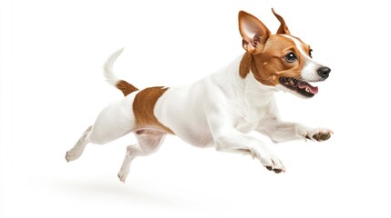 Wall Mural - A playful dog leaps joyfully in mid-air against a white background.