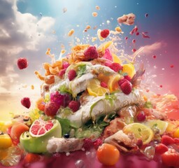 Wall Mural - pile fruit and other food flying in the air