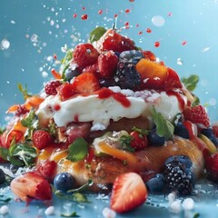 Wall Mural - blue plate topped with fruit and whipped cream