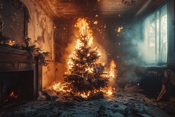 A Christmas tree engulfed in flames in a festive living room, surrounded by wrapped presents. The fire spreads through the decorated tree, creating a hazardous and chaotic scene.