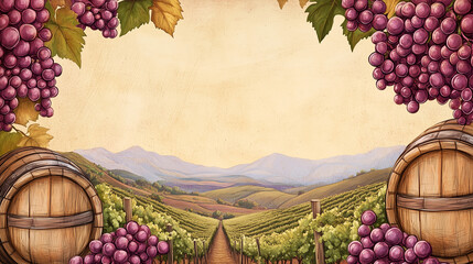 Illustration-style vintage art of a vineyard and wine barrels