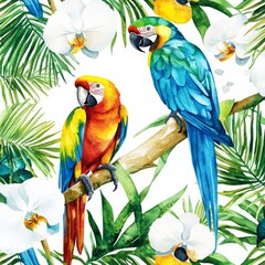 Wall Mural - A seamless watercolor pattern featuring parrots and flowers on white.