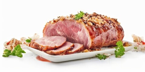 Wall Mural - piece pork with herbs on white background