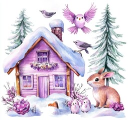 Wall Mural - An adorable watercolor set of polar bears, deer, fawns, and hares