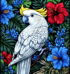 Wall Mural - Cockatoo with colorful hibiscus flowers and tropical foliage