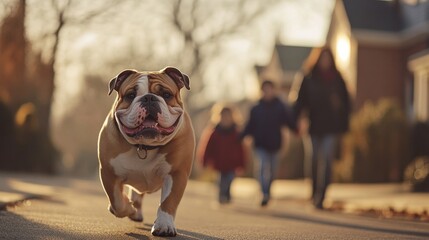 Canvas Print - A playful dog runs ahead of a family walking on a sunny street in autumn.